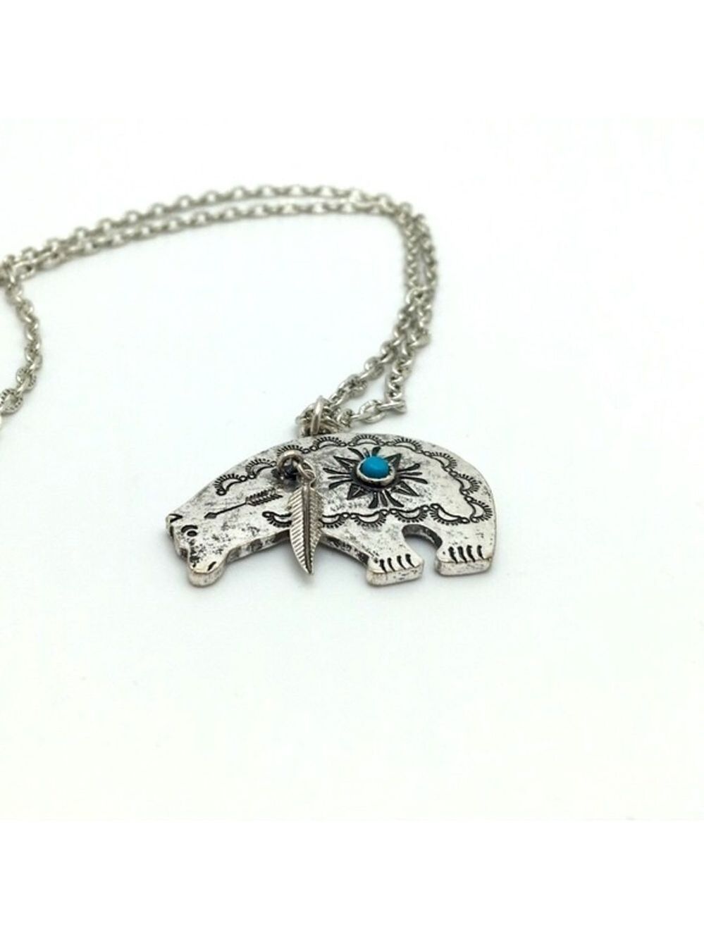 Antiqued Silver Bear Pendant Turquoise Accent Necklace - Picture 3 of 9